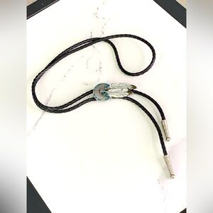Vintage 1993 Metal Bolo Tie, Feathers, Native, Enamel, Western Cowboy